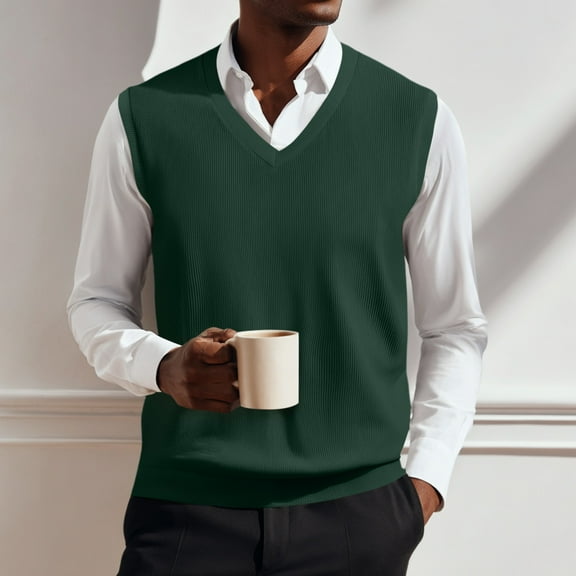 Huankd V Neck Sweater Vest Casual Men Sleeveless Slim Fit Knit Pullover Sweaters Solid Color Lightweight Spring Jumper Tops Green 3XL