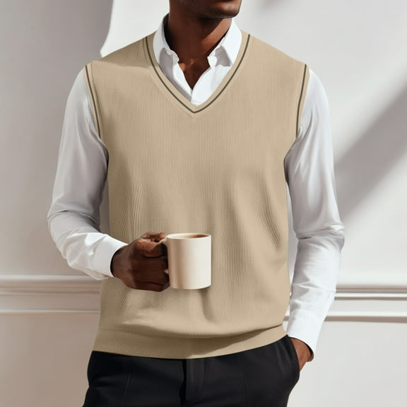 Huankd V Neck Sweater Vest Casual Men Sleeveless Slim Fit Knit Pullover Sweaters Solid Color Lightweight Spring Jumper Tops Light Brown M