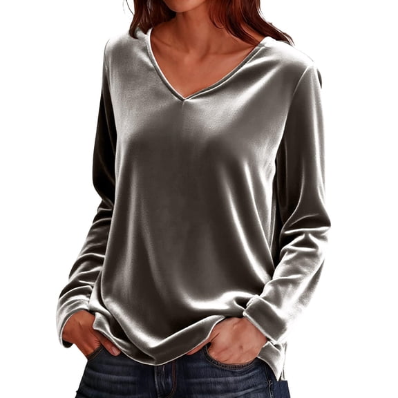 Huankd Velvet Tops for Women Long Sleeve V Neck Loose Fit Casual Dressy Blouses Fall Winter 2025 Soft Velour Shirts Gray M
