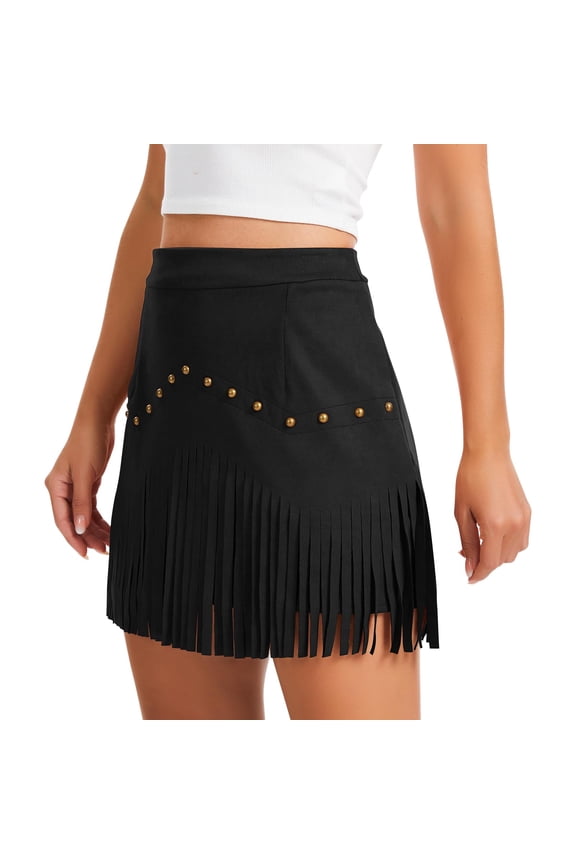 Western Cowgirl Fringe Skirt,High Waisted Mini Suede Skirts,Country Concert Rave Festival Booty Tassel Bottoms Black L