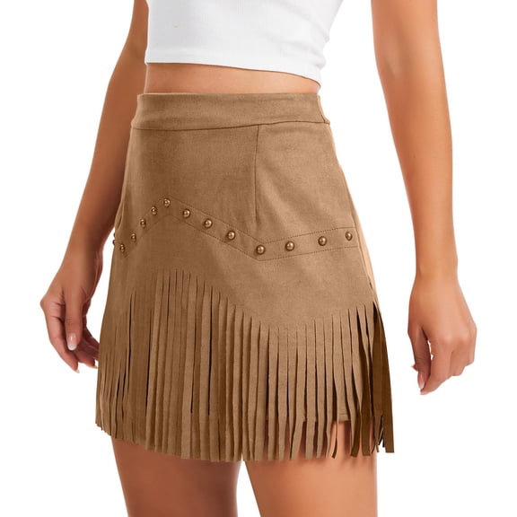 Huankd Western Cowgirl Fringe Skirt,High Waisted Mini Suede Skirts,Country Concert Rave Festival Booty Tassel Bottoms Camel S