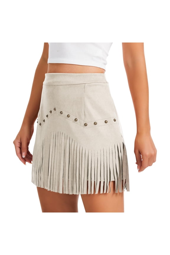 Western Cowgirl Fringe Skirt,High Waisted Mini Suede Skirts,Country Concert Rave Festival Booty Tassel Bottoms White XL