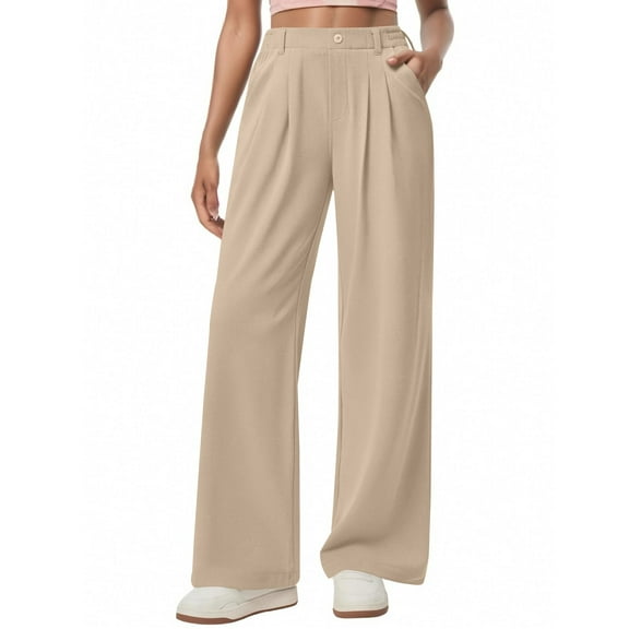 Huankd Wide Leg Stretchy Work Pants Pull on Business Casual Pants for Women High Waisted Slacks, 26''/28'' Dress Pants Beige M