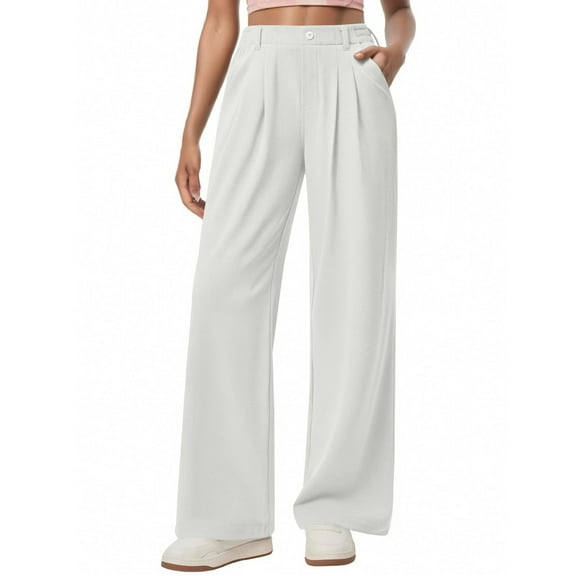 Huankd Wide Leg Stretchy Work Pants Pull on Business Casual Pants for Women High Waisted Slacks, 26''/28'' Dress Pants White L