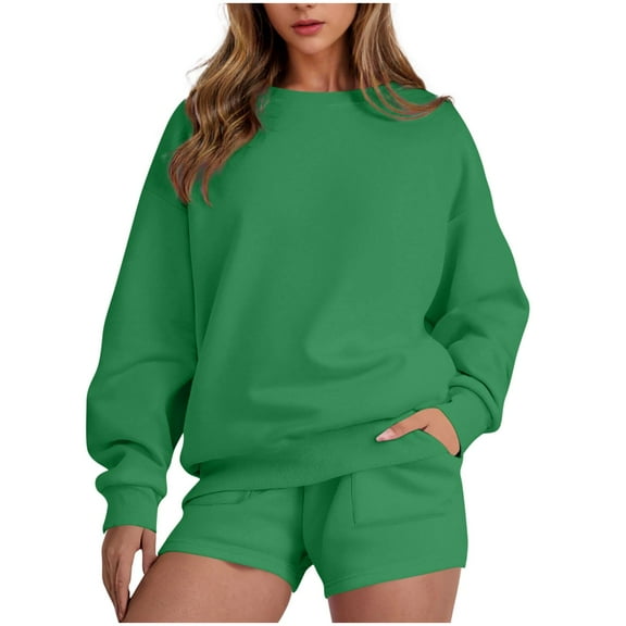 Huankd Women 2 Piece Outfits Sweat Shorts Sets 2026 Oversized Casual Lounge Matching Set Sweatsuit Tracksuit Spring Clothes Green S