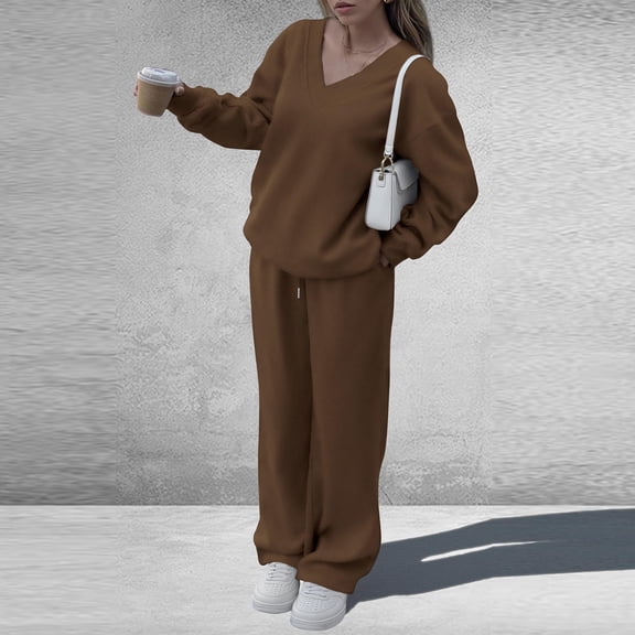 Huankd Women 2 Piece Outfits Sweater Lounge Sets Long Sleeve Cable Knit Pullover and Wide Leg Pants Tracksuit Matching Set Brown S