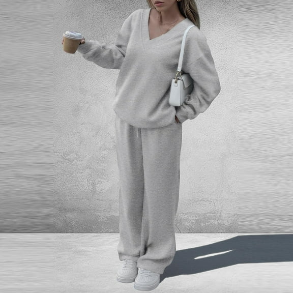 Huankd Women 2 Piece Outfits Sweater Lounge Sets Long Sleeve Cable Knit Pullover and Wide Leg Pants Tracksuit Matching Set Gray L