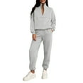 thumbnail image 1 of Huankd Women Quarter Zip Pullover Sweatsuits And Sweatpants Two Piece Set Long Sleeve Sweatshirt Winter Tracksuit Light Gray 2XL, 1 of 3