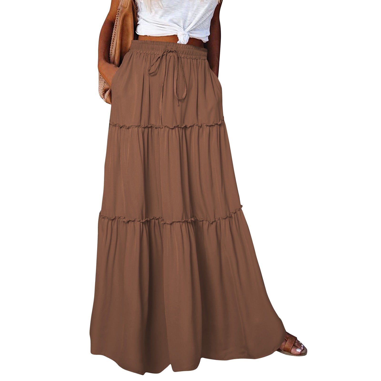 【WOOHWA】RIB FRILL LONG SK Huankd Women'S Summer Boho Elastic High Waist Maxi Skirt A