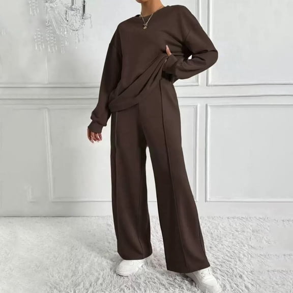 Huankd Women's 2 Piece Lounge Set Travel Airport Outfits Tracksuit Wide Leg Loungewear Baggy Comfy Sweatsuit Coffee XL