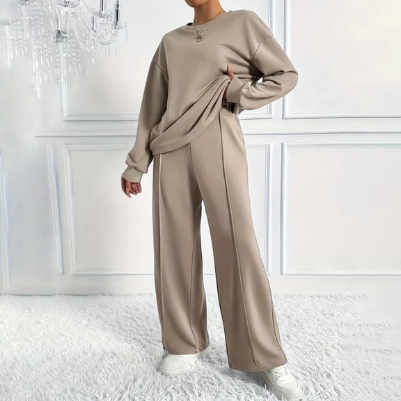 Huankd Women's 2 Piece Lounge Set Travel Airport Outfits Tracksuit Wide Leg Loungewear Baggy Comfy Sweatsuit Khaki L