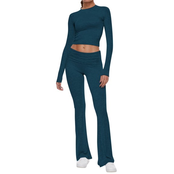 Huankd Women's 2 Piece Lounge Sets Fold-over Flare Pants Set Long Sleeve Cropped Top Casual Outfits Pajamas Dark Blue XS