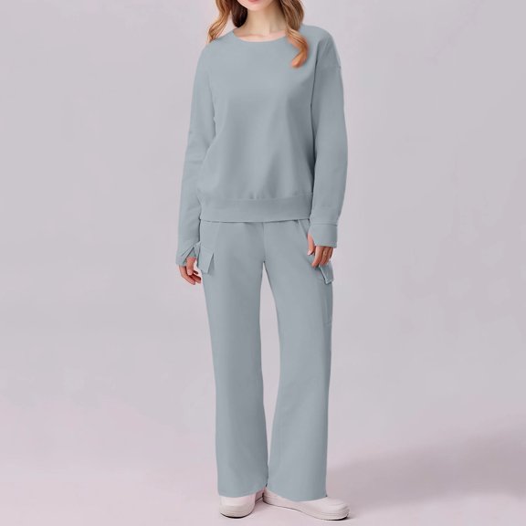 Huankd Women's 2 Piece Matching Sets Long Sleeve Top Wide Leg Pants Lounge Outfits Sweatsuits With Pockets Light Gray XL