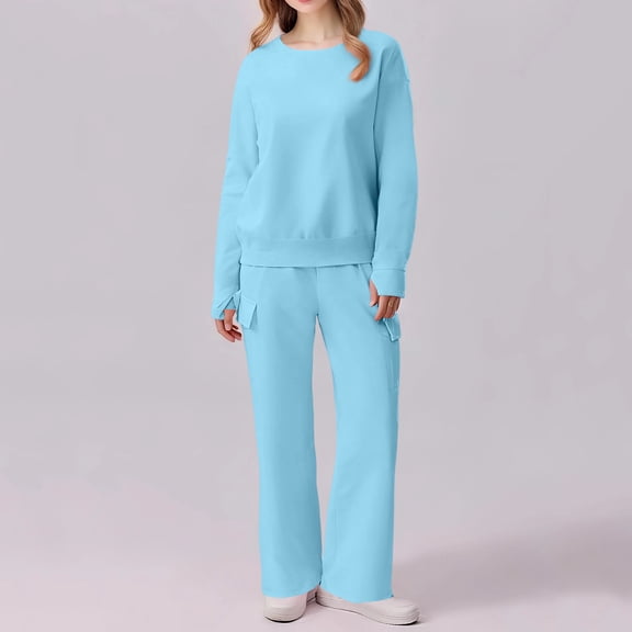 Huankd Women's 2 Piece Matching Sets Long Sleeve Top Wide Leg Pants Lounge Outfits Sweatsuits With Pockets Sky Blue 2XL