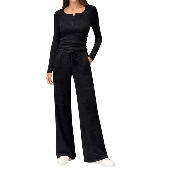 Huankd Women's 2 Piece Outfits Lounge Sets 2026 Long Sleeve Crop Tops Wide Leg Pants Casual Matching Set Black XL
