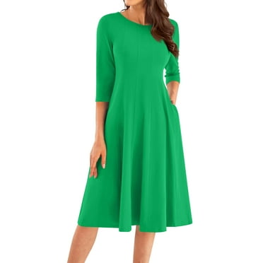 Huankd Women's 3/4 Sleeve A-line and Flare Midi Dress Green L