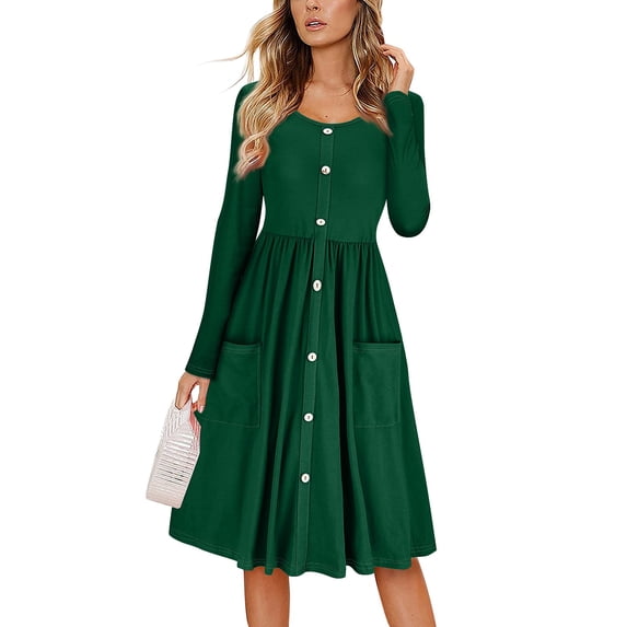 Huankd Women's Boat Neck Button Down Skater Dress with Pockets Dark Green S