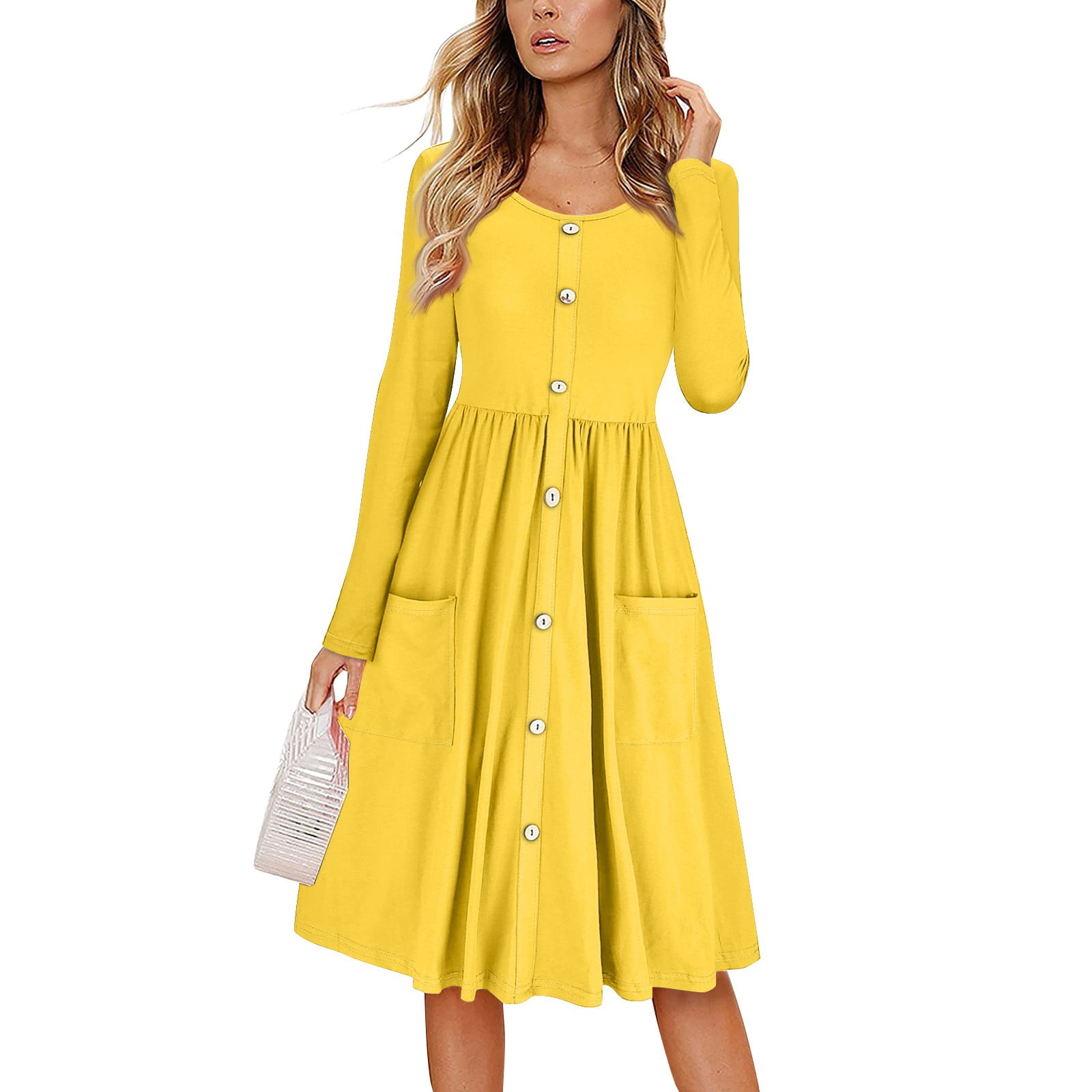 Huankd Women's Boat Neck Button Down Skater Dress with Pockets White S Huankd Women's Boat Neck Button Down Skater Dress with Pockets White S
