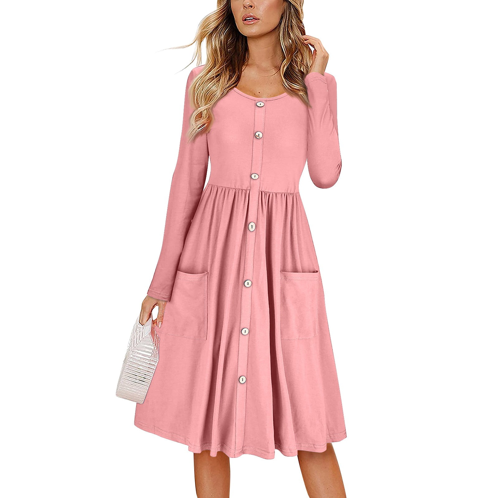 button down skater dress Women's Skater Dress Long Sleeve Button Down Rayon Round Hem Zenana