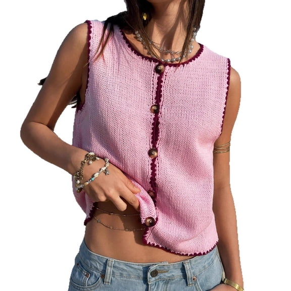 Huankd Women's Button Up Cropped Sweater Vest Vintage Sleeveless Colorful Knit Cardigan Tops Pink M