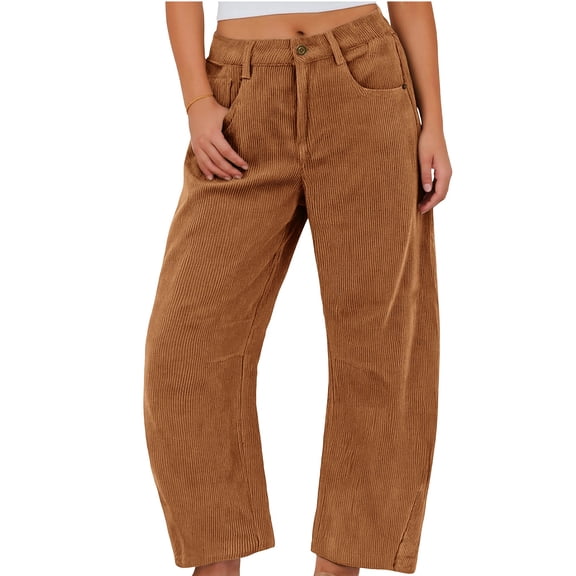 Huankd Women's Corduroy Barrel Pants Mid-Rise Elastic Waist Casual Cord Wide Legs Baggy Pant with Pockets Ginger XL