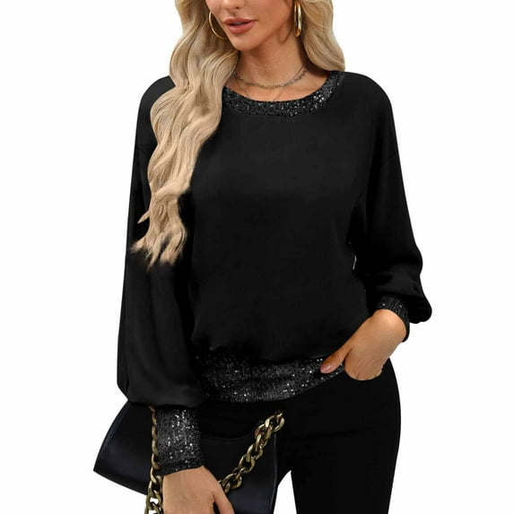 Huankd Women's Dressy Sequin Formal Top Long Sleeve Chiffon Shirt Blouses Black L