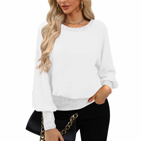 Huankd Women's Dressy Sequin Formal Top Long Sleeve Chiffon Shirt Blouses White 2XL