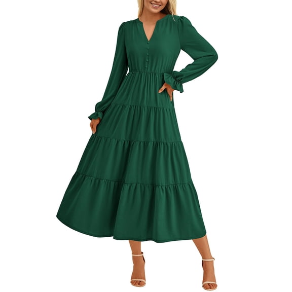 Huankd Women's Fall Maxi Dress Long Sleeve V Neck Tiered Ruffle Flowy A Line Cocktail Party Dresses Green M