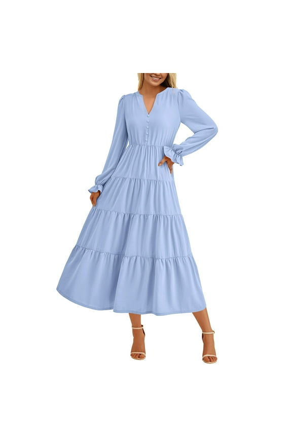 Women's Fall Maxi Dress Long Sleeve V Neck Tiered Ruffle Flowy A Line Cocktail Party Dresses Light Blue L