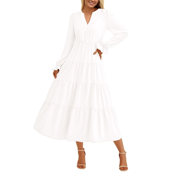 Huankd Women's Fall Maxi Dress Long Sleeve V Neck Tiered Ruffle Flowy A Line Cocktail Party Dresses White XL