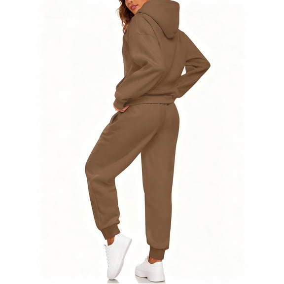 Huankd Women's Fleece Tracksuit 2 Piece Lounge Set Oversized Hoodie Sweatshirt and Comfortable Joggers Fall Fashion Outfit Coffee M