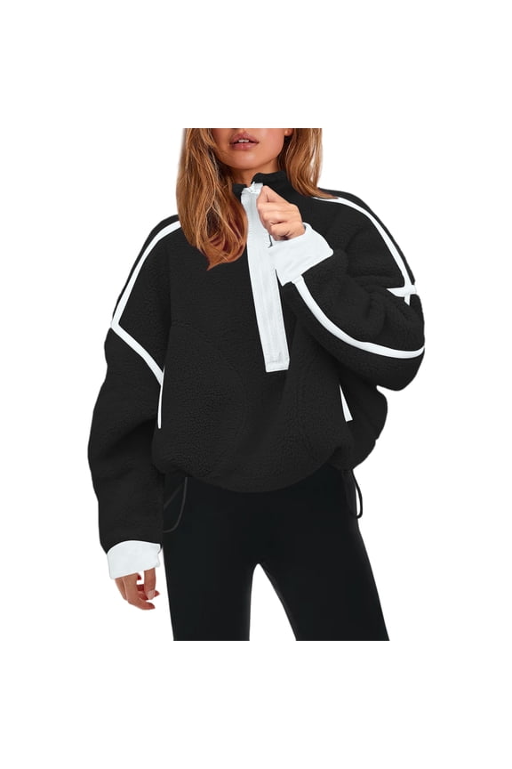 Women's Sherpa Fleece Pullover Half Zip Oversized Sweatshirt with Pockets Soft Warm Fuzzy Jacket for Fall Winter Black S