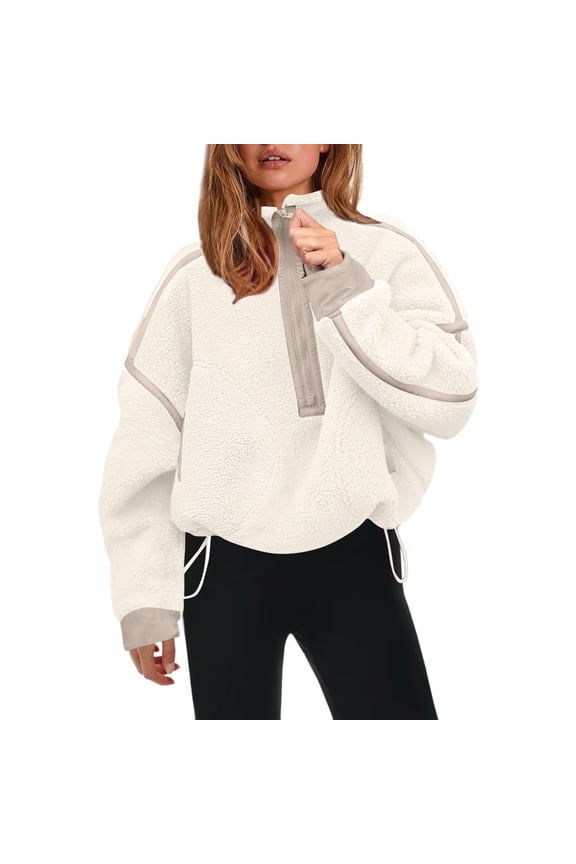 Women's Sherpa Fleece Pullover Half Zip Oversized Sweatshirt with Pockets Soft Warm Fuzzy Jacket for Fall Winter Khaki L