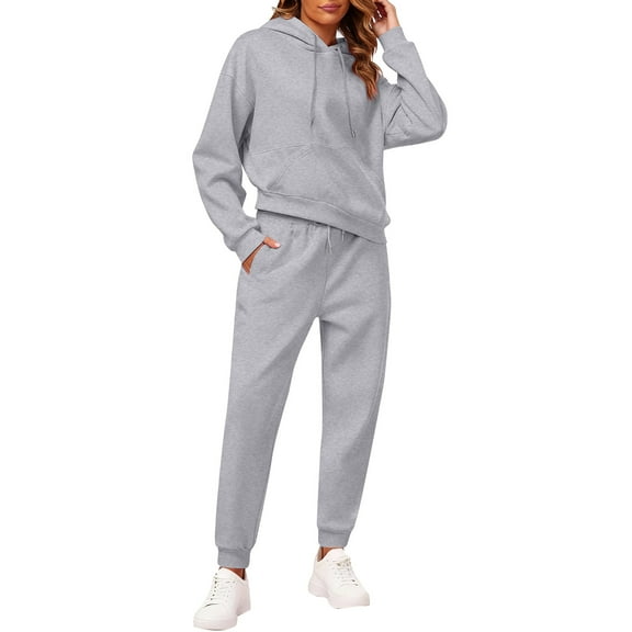Huankd Womens 2 Piece Outfits Lounge Hoodie Sweatsuit Sets Plus Size Fall Fashion Clothes Airport Travel Pants Tracksuits Light Gray XL