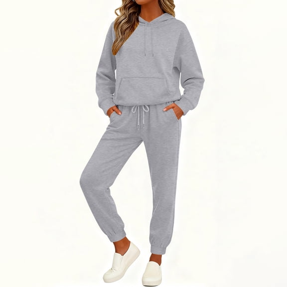 Huankd Womens 2 Piece Outfits Lounge Spring Fashion Sets Oversized Sweatshirts Wide Leg Pants Sweatsuits Winter Clothes Light Gray M