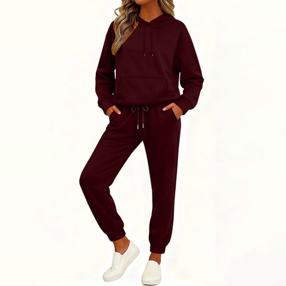 Huankd Womens 2 Piece Outfits Lounge Spring Fashion Sets Oversized Sweatshirts Wide Leg Pants Sweatsuits Winter Clothes Wine XL