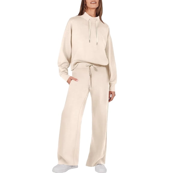 Huankd Womens 2 Piece Outfits Sweatsuit Set 2026 Spring Drawstring Sweatshirt Wide Leg Sweatpant Lounge Set Tracksuit Beige XL