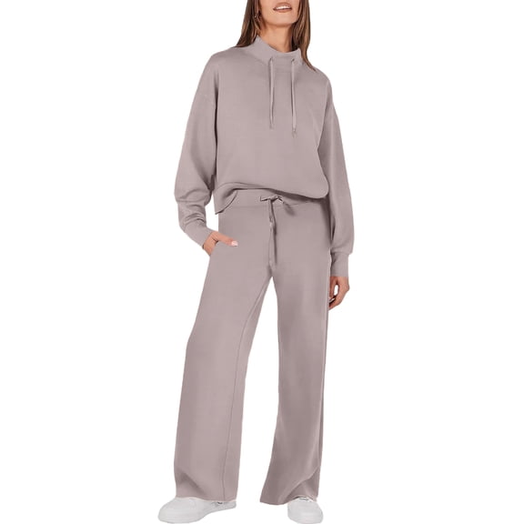 Huankd Womens 2 Piece Outfits Sweatsuit Set 2026 Spring Drawstring Sweatshirt Wide Leg Sweatpant Lounge Set Tracksuit Brown L