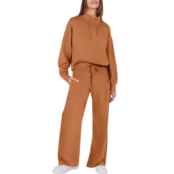 Huankd Womens 2 Piece Outfits Sweatsuit Set 2026 Spring Drawstring Sweatshirt Wide Leg Sweatpant Lounge Set Tracksuit Earthy Yellow 2XL