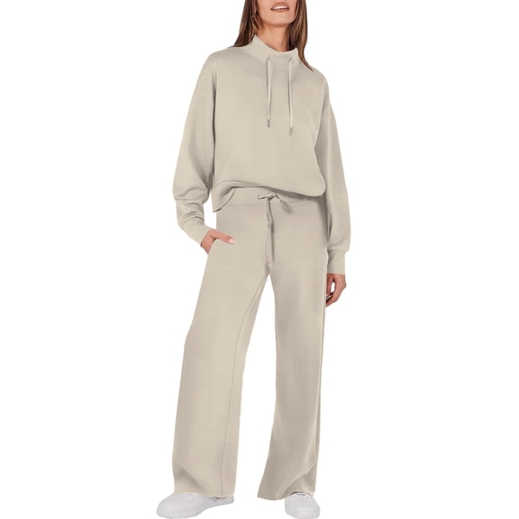 Huankd Womens 2 Piece Outfits Sweatsuit Set 2026 Spring Drawstring Sweatshirt Wide Leg Sweatpant Lounge Set Tracksuit Khaki XL