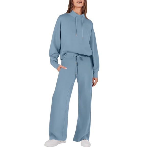 Huankd Womens 2 Piece Outfits Sweatsuit Set 2026 Spring Drawstring Sweatshirt Wide Leg Sweatpant Lounge Set Tracksuit Sky Blue XL