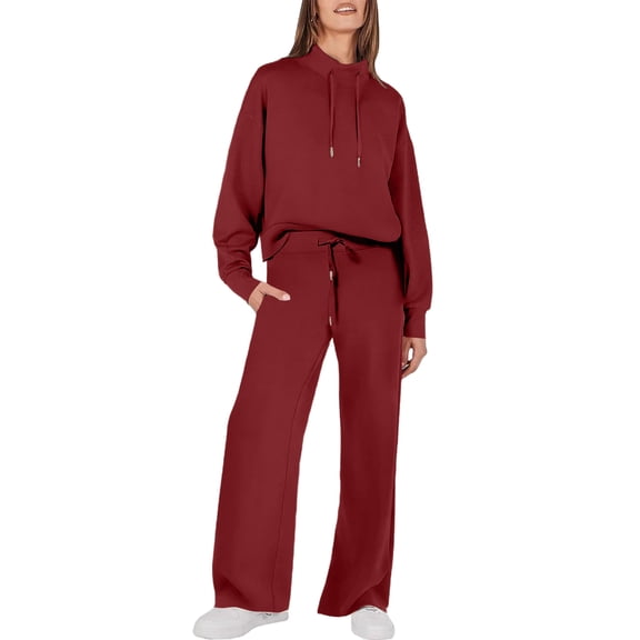 Huankd Womens 2 Piece Outfits Sweatsuit Set 2026 Spring Drawstring Sweatshirt Wide Leg Sweatpant Lounge Set Tracksuit Wine L