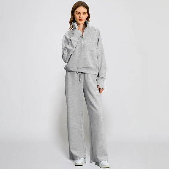 Huankd Womens 2 Piece Outfits Sweatsuit Set Oversized Half Zip Sweatshirt Wide Leg Sweatpants Lounge Set Tracksuit Light Gray M