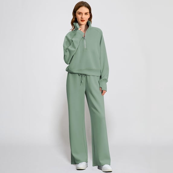 Huankd Womens 2 Piece Outfits Sweatsuit Set Oversized Half Zip Sweatshirt Wide Leg Sweatpants Lounge Set Tracksuit Mint Green XL