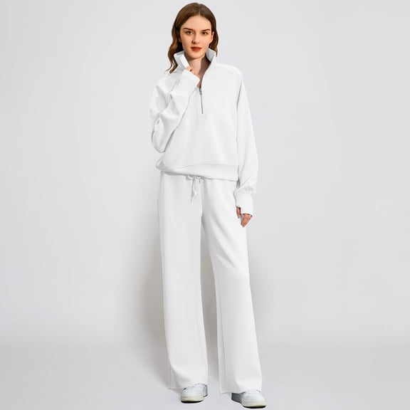 Huankd Womens 2 Piece Outfits Sweatsuit Set Oversized Half Zip Sweatshirt Wide Leg Sweatpants Lounge Set Tracksuit White XL