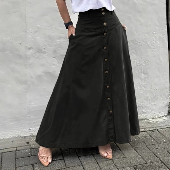Huankd Womens A Line Midi Skirt Vintage Button Down Swing Skirt High Waisted Slit Pleated Skirt with Pockets Black M