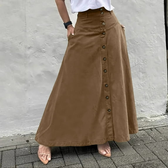 Huankd Womens A Line Midi Skirt Vintage Button Down Swing Skirt High Waisted Slit Pleated Skirt with Pockets Brown L