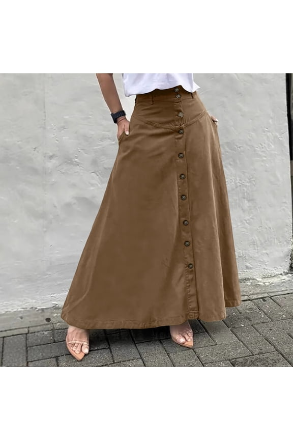 Womens A Line Midi Skirt Vintage Button Down Swing Skirt High Waisted Slit Pleated Skirt with Pockets Brown L