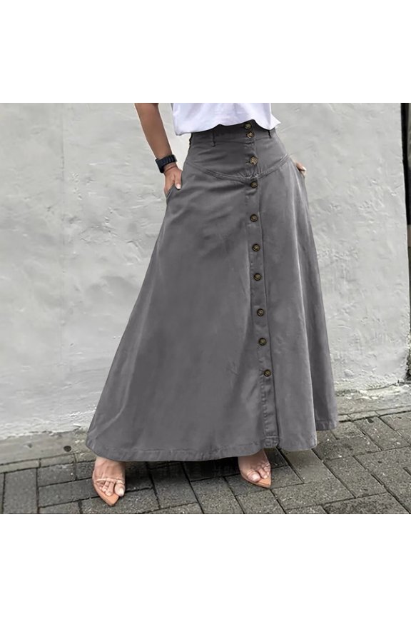 Womens A Line Midi Skirt Vintage Button Down Swing Skirt High Waisted Slit Pleated Skirt with Pockets Gray 2XL