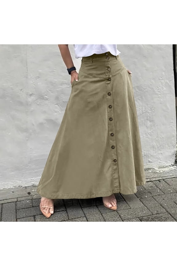 Womens A Line Midi Skirt Vintage Button Down Swing Skirt High Waisted Slit Pleated Skirt with Pockets Green 2XL